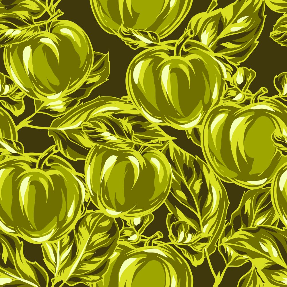 Seamless pattern with apples and leaves. Stylized hand drawn fruits.. Seamless pattern with apples and leaves.