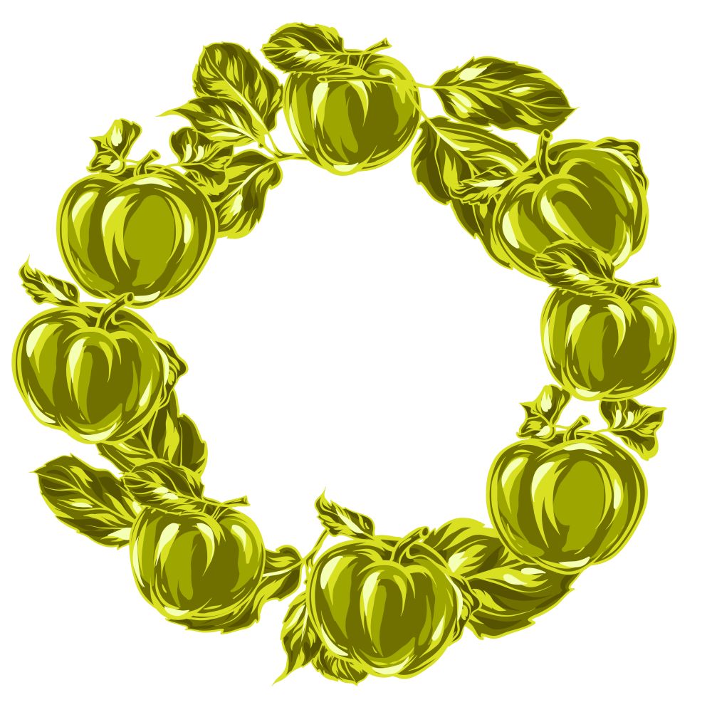 Wreath with apples and leaves. Stylized hand drawn fruits.. Wreath with apples and leaves.