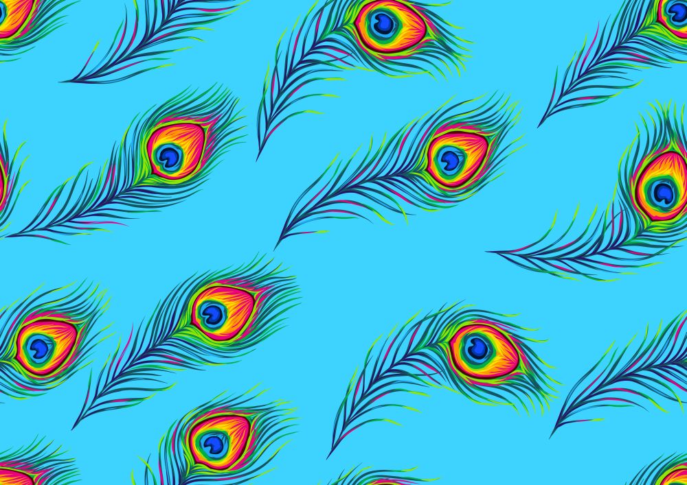 Peacock feathers seamless pattern. Color hand drawn exotic bird plumage.. Peacock feathers seamless pattern.