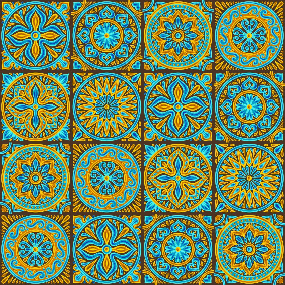 Moroccan ceramic tile pattern. Ethnic floral motifs. Mediterranean traditional folk ornament. Portuguese azulejo, mexican talavera or spanish majolica.. Moroccan ceramic tile pattern.