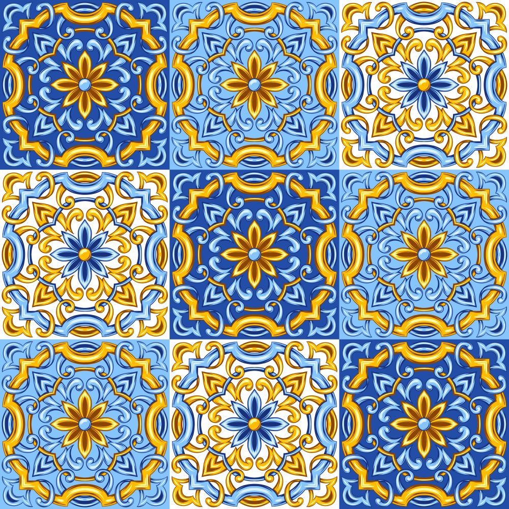 Portuguese azulejo ceramic tile pattern. Ethnic folk ornament. Mediterranean traditional ornament. Italian pottery, mexican talavera or spanish majolica.. Portuguese azulejo ceramic tile pattern.