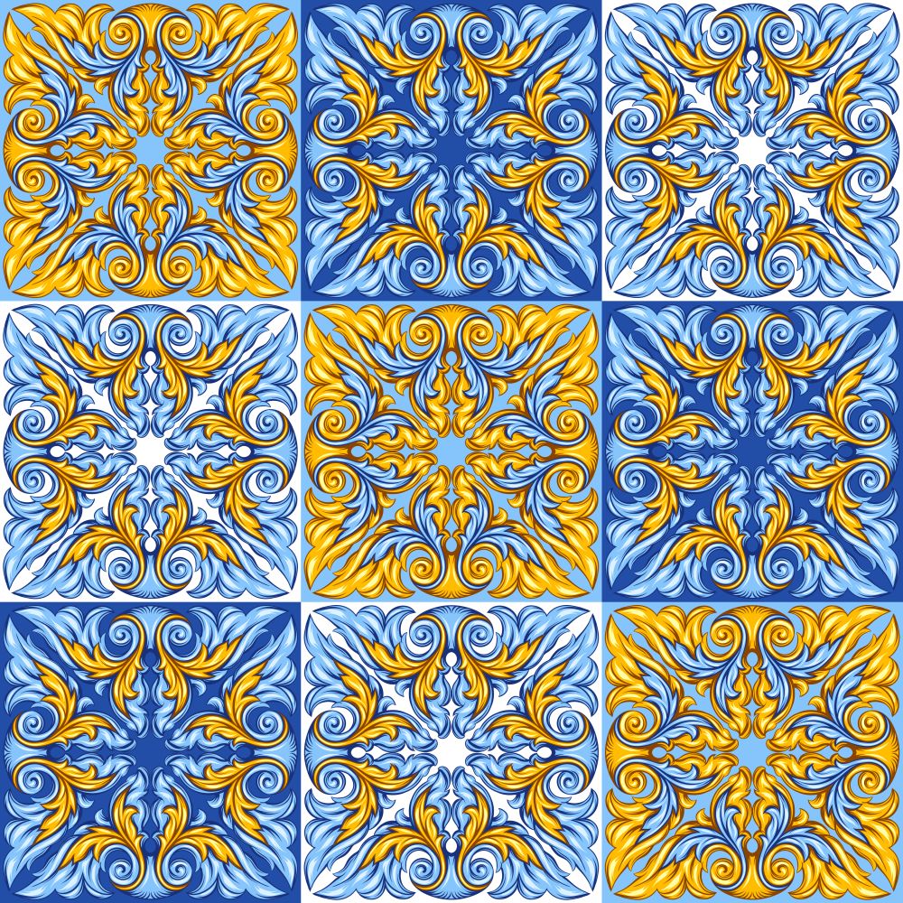 Portuguese azulejo ceramic tile pattern. Ethnic folk ornament. Mediterranean traditional ornament. Italian pottery, mexican talavera or spanish majolica.. Portuguese azulejo ceramic tile pattern.