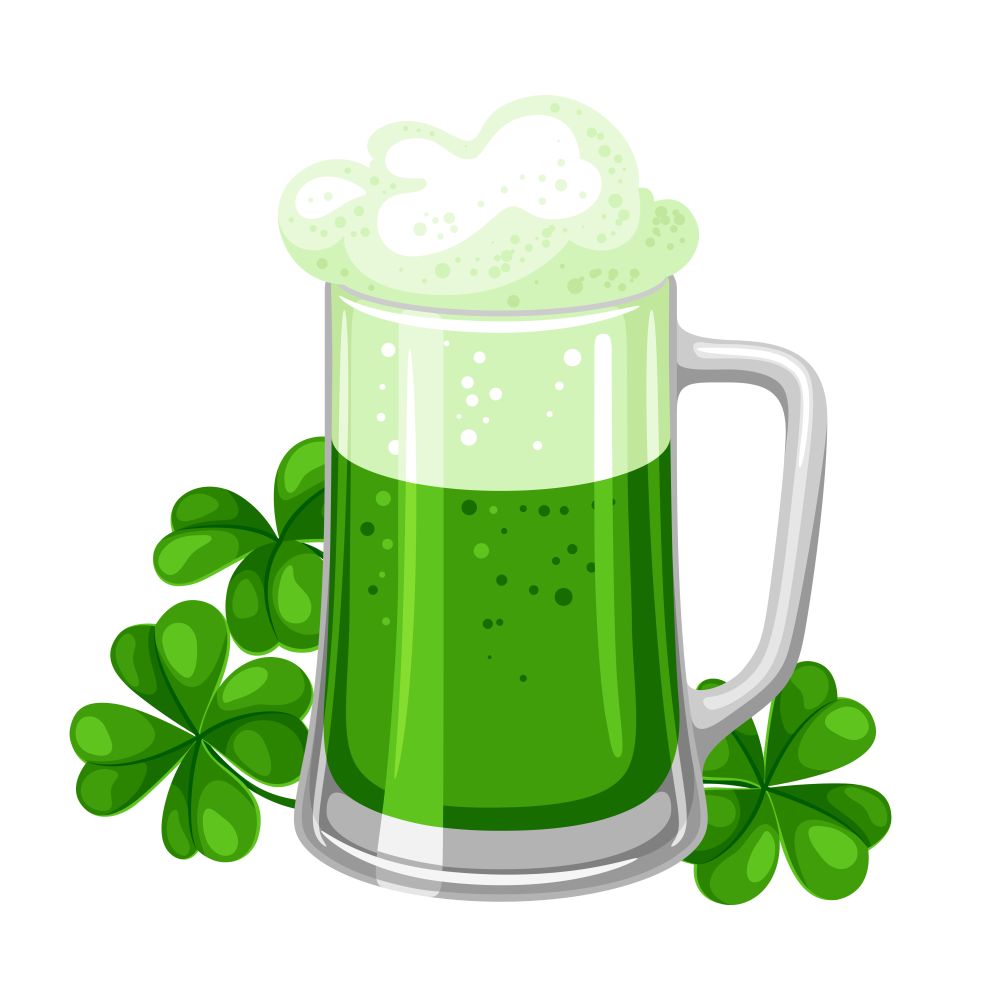 Saint Patricks Day illustration. Ale or beer in mug with clover. Irish festive national items.. Saint Patricks Day illustration. Ale or beer in mug with clover.