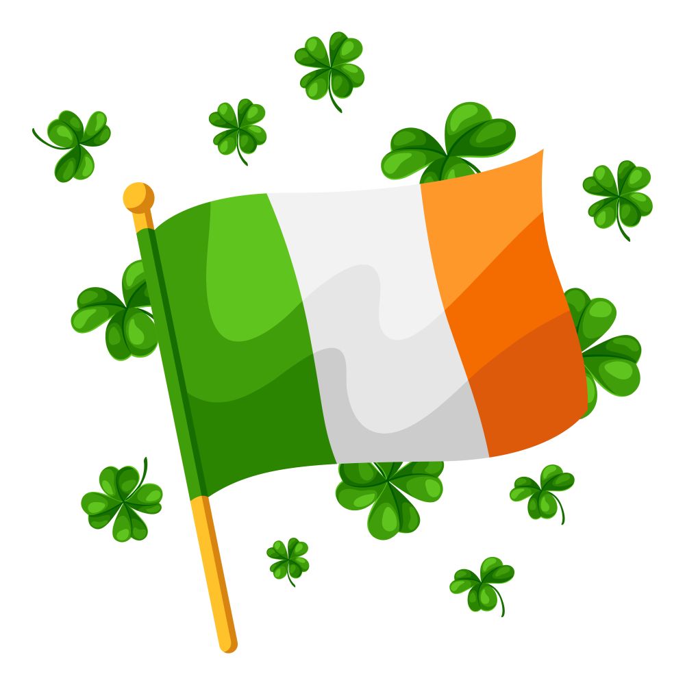 Saint Patricks Day illustration. Irish flag with clover. Festive national items.. Saint Patricks Day illustration. Irish flag with clover.
