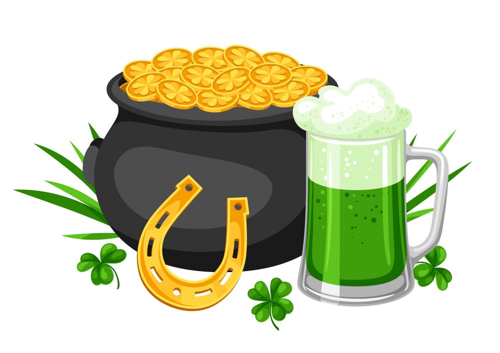Saint Patricks Day illustration. Pot beer and horseshoe with clover. Irish festive national items.. Saint Patricks Day illustration. Pot beer and horseshoe with clover.