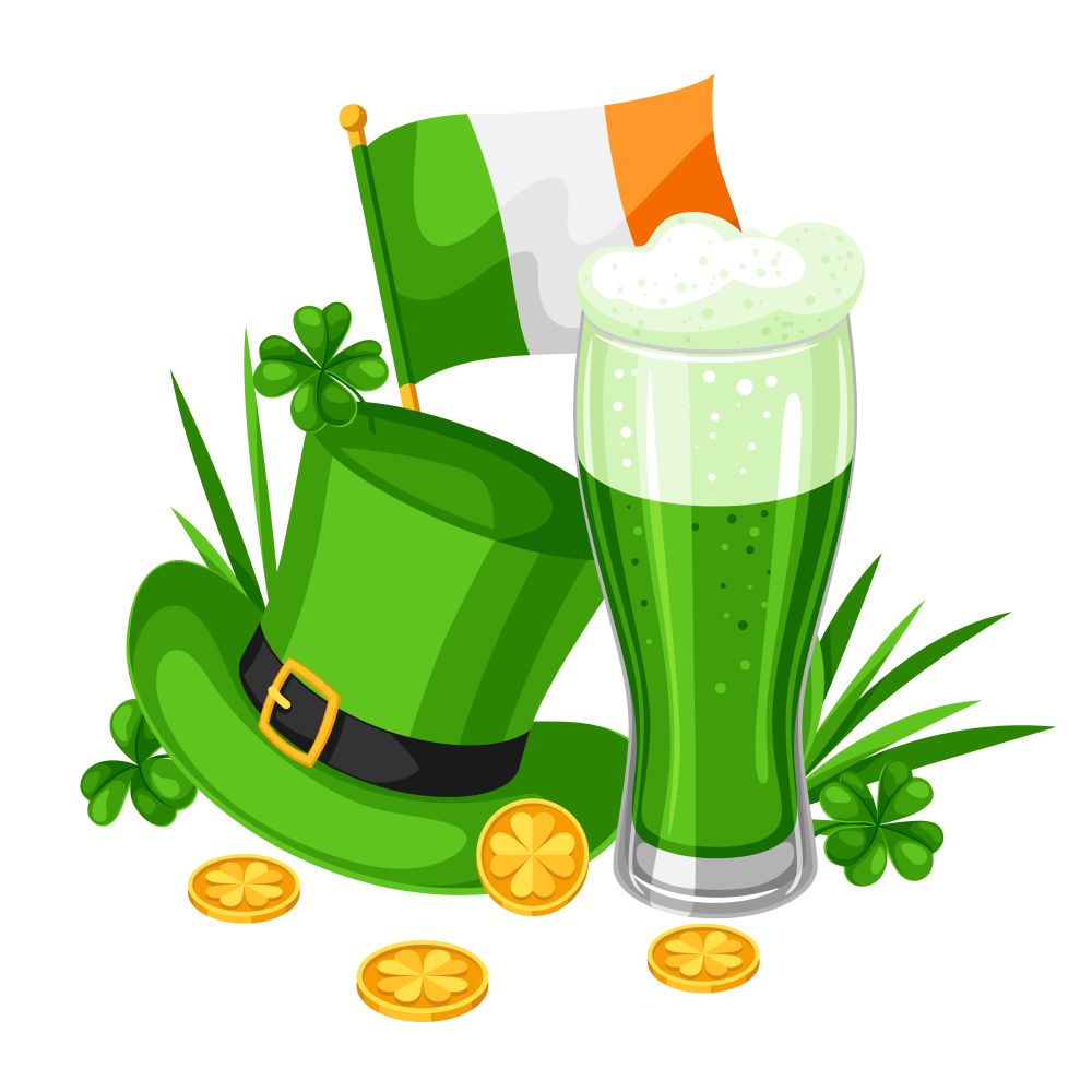 Saint Patricks Day illustration. Beer, hat and flag with clover. Irish festive national items.. Saint Patricks Day illustration. Beer, hat and flag with clover.