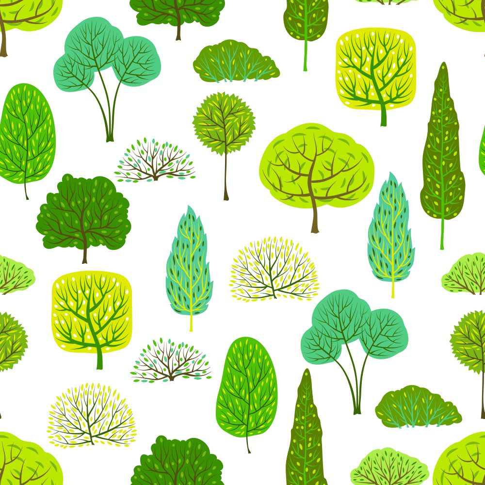 Spring or summer seamless pattern with stylized trees. Natural illustration.. Spring or summer seamless pattern with stylized trees.