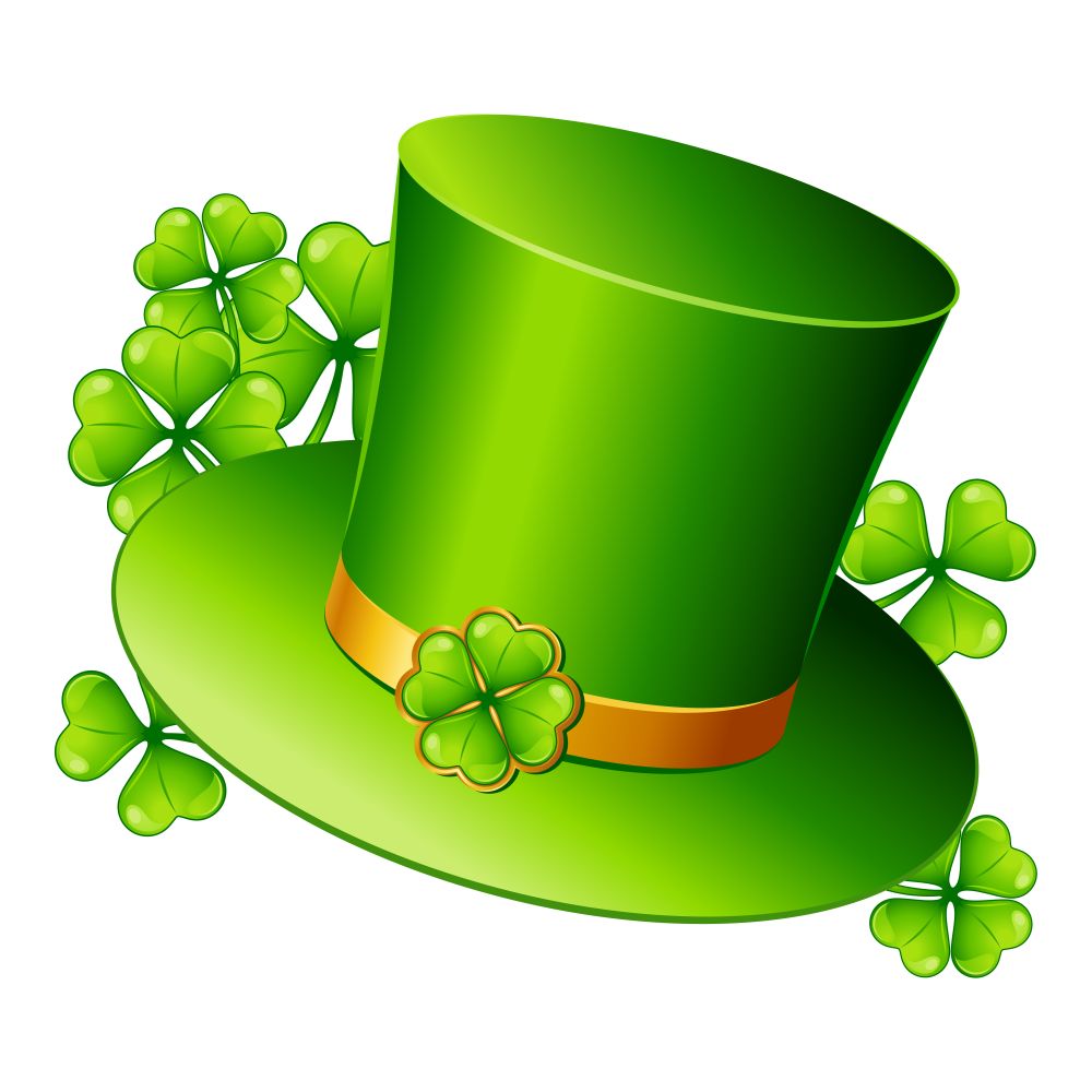 Saint Patricks Day illustration. Leprechaun hat with clover. Irish festive national items.. Saint Patricks Day illustration. Leprechaun hat with clover.