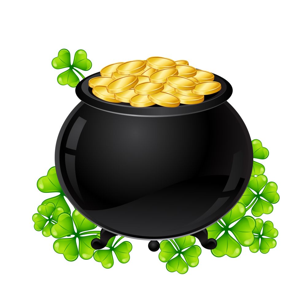 Saint Patricks Day illustration. Pot and gold with clover. Irish festive national items.. Saint Patricks Day illustration. Pot and gold with clover.