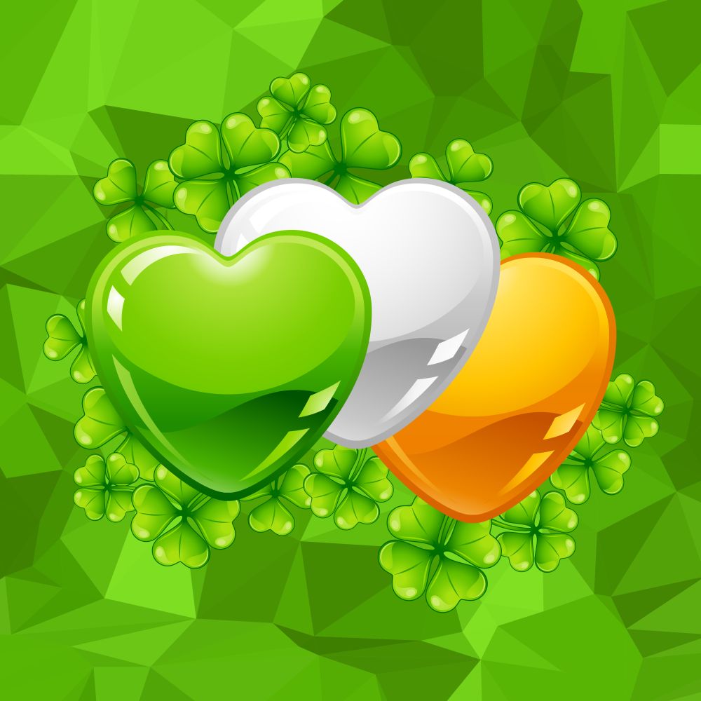 Saint Patricks Day greeting card. Holiday illustration with Irish flag hearts and clover.. Saint Patricks Day greeting card.
