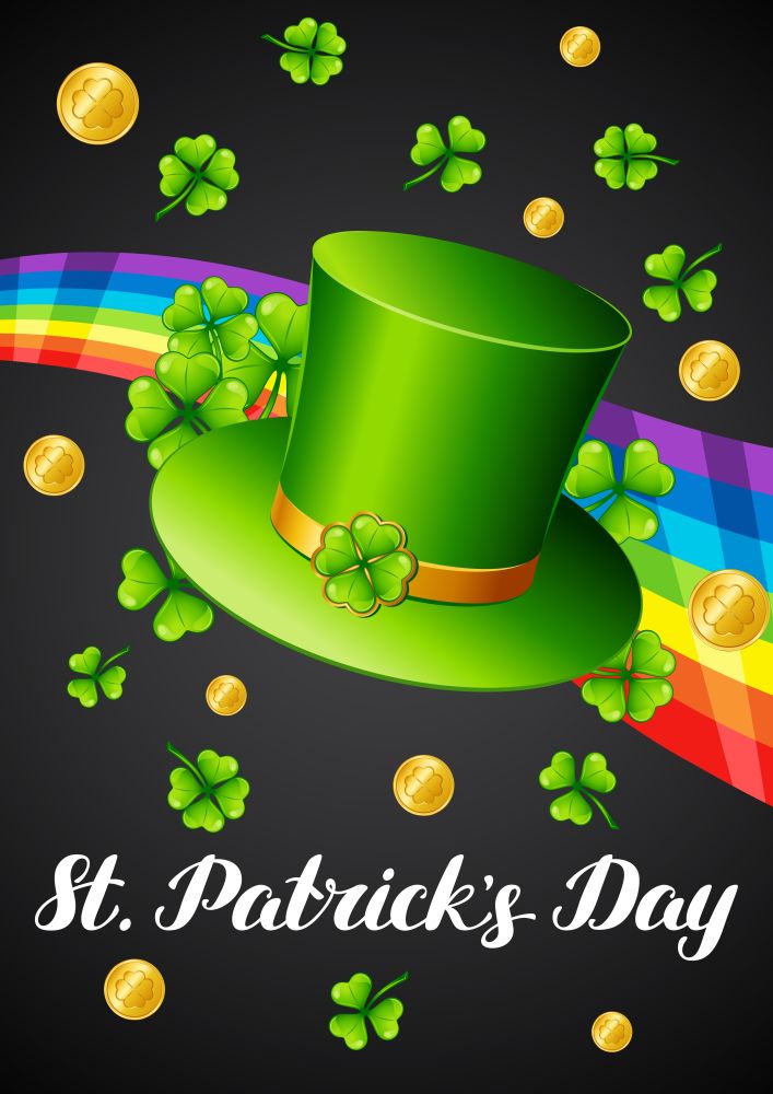 Saint Patricks Day greeting card. Holiday illustration with Irish festive national items.. Saint Patricks Day greeting card.
