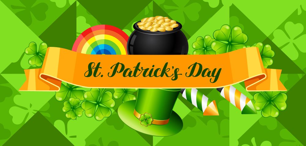Saint Patricks Day banner. Holiday illustration with Irish festive national items.. Saint Patricks Day banner.
