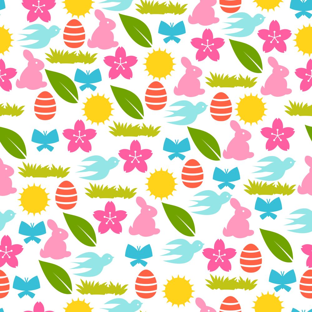 Happy Easter seamless pattern with holiday items. Background can be used for holiday prints, textiles and greeting cards.. Happy Easter seamless pattern with holiday items.