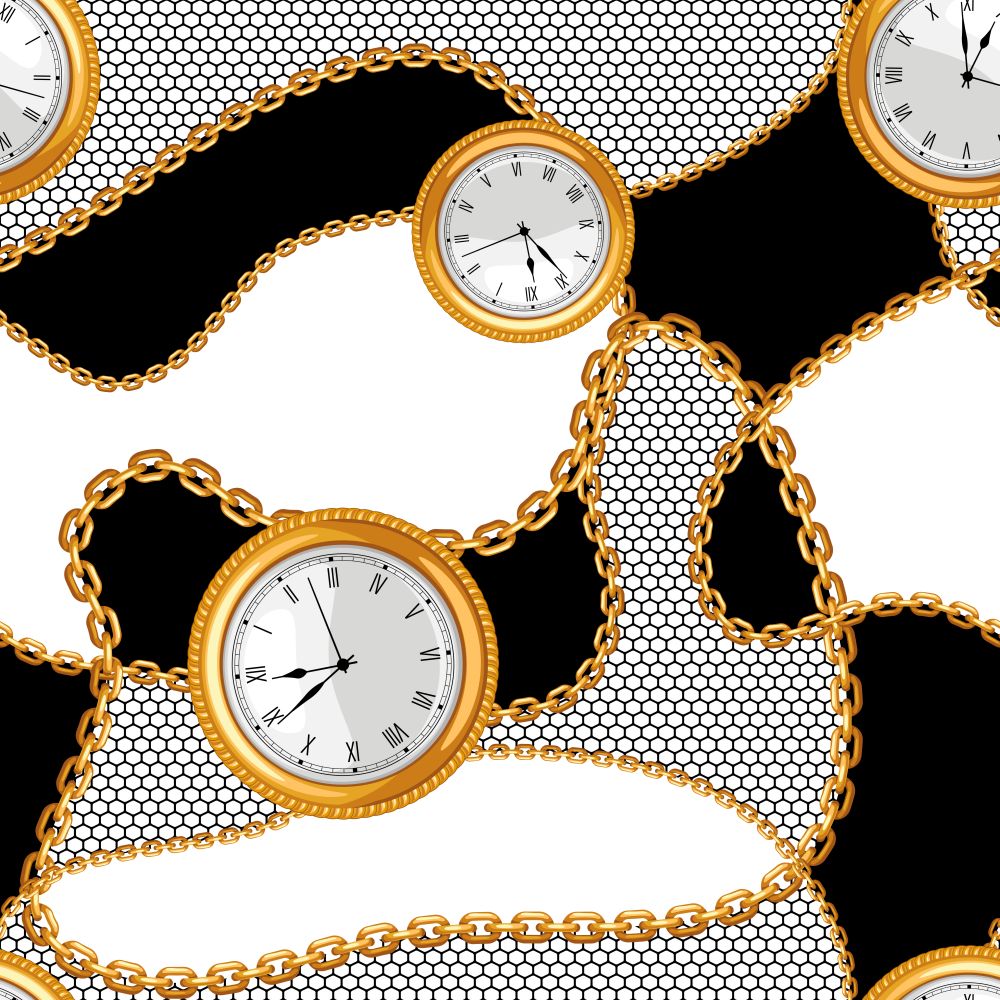 Seamless pattern with golden chains and watches. Vintage luxury precious background.. Seamless pattern with golden chains and watches.