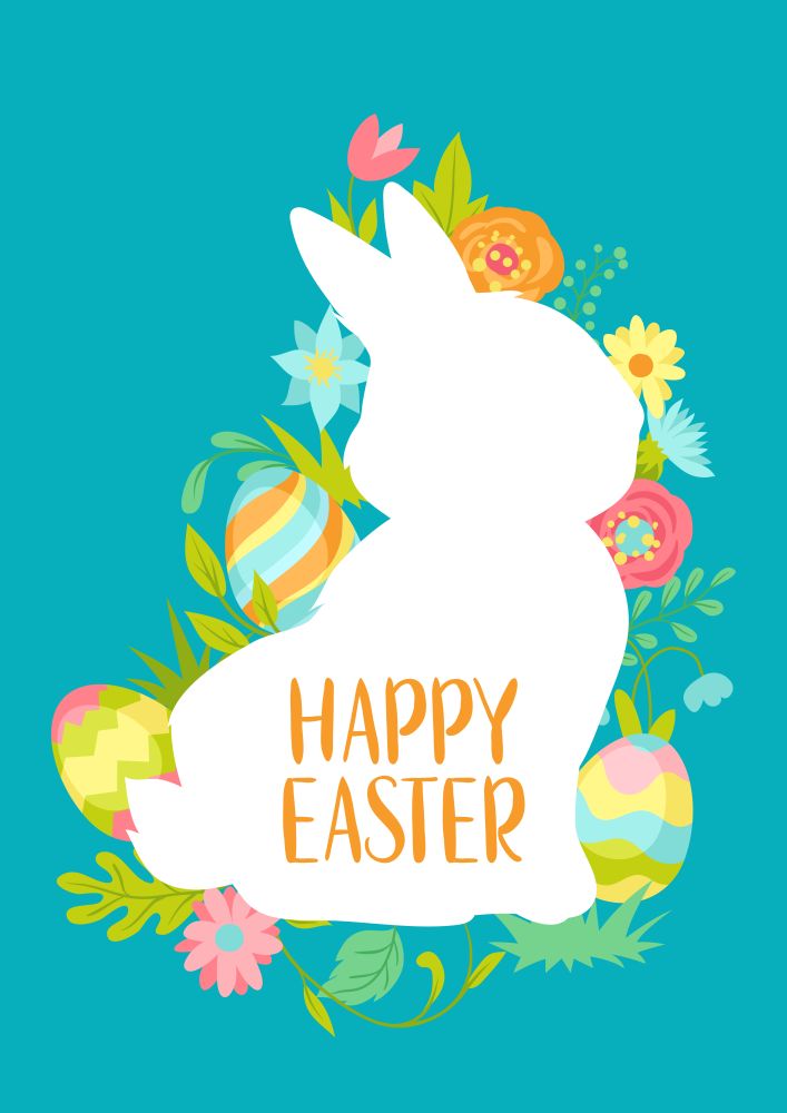Happy Easter greeting card. Cute bunnies, eggs and flowers for traditional celebration.. Happy Easter greeting card.