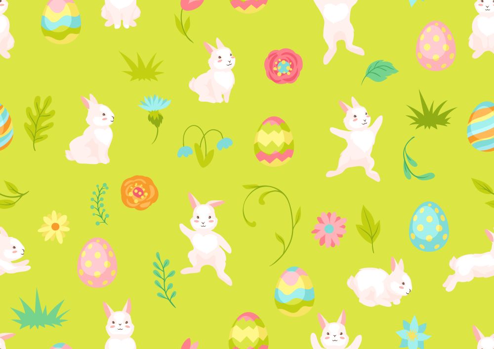 Happy Easter seamless pattern. Cute bunnies, eggs and flowers for traditional celebration.. Happy Easter seamless pattern.