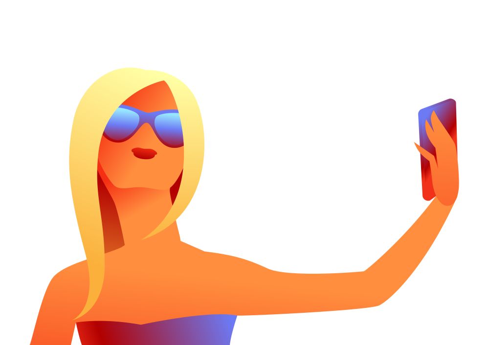 Girl in sunglasses makes selfie. Beautiful tanned blond woman with flower.. Girl in sunglasses makes selfie.