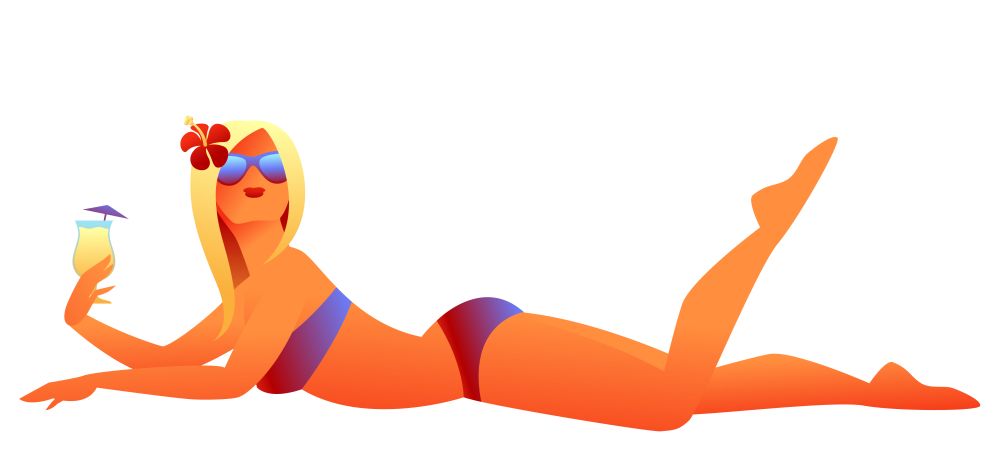 Girl sunbathes on beach. Beautiful tanned blond woman with cocktail.. Girl sunbathes on beach.
