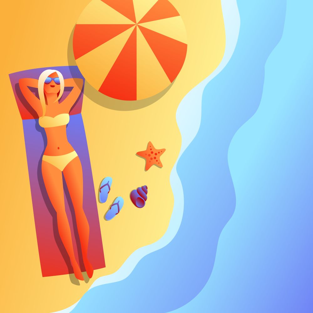 Girl in bikini sunbath and relax. Beautiful tanned blond woman in sunglasses on beach.. Girl in bikini sunbath and relax.