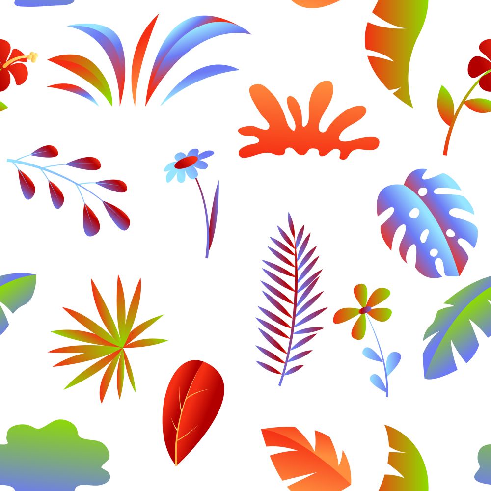 Seamless pattern with tropical leaves and flowers. Decorative exotic foliage and plants.. Seamless pattern with tropical leaves and flowers.
