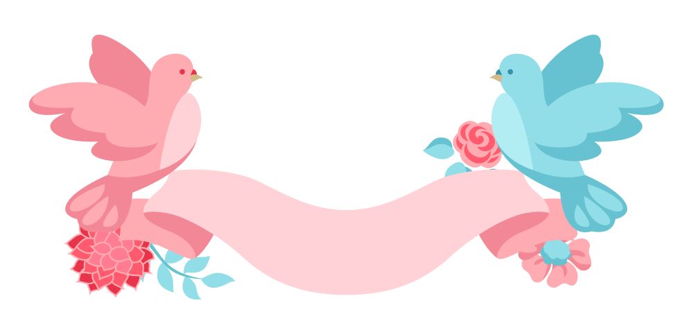 Pink and blue dove holding ribbon with flowers. Illustration for Wedding or Valentine day.. Pink and blue dove holding ribbon with flowers.