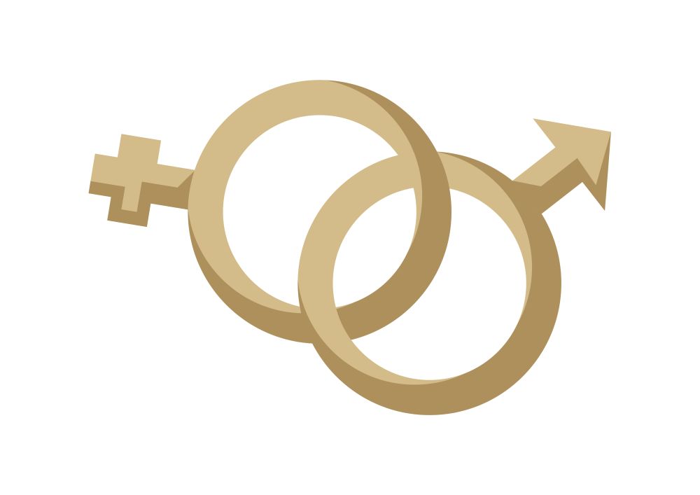 Gender male and female symbol. Interlaced wedding rings.. Gender male and female symbol.