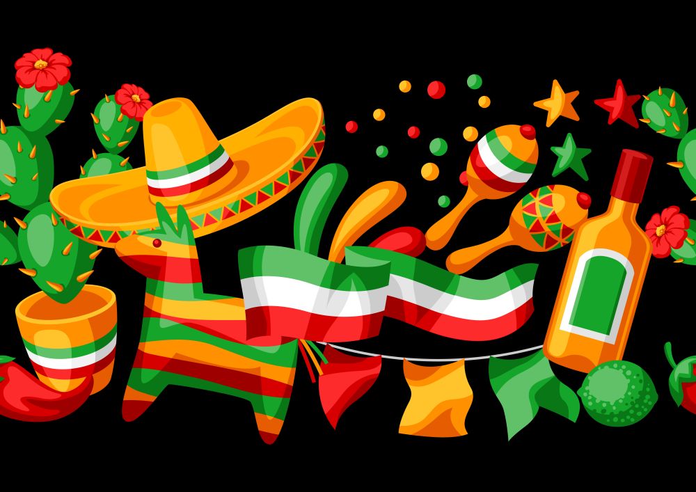 Mexican Cinco de Mayo seamless pattern. National holiday items.. Mexican Cinco de Mayo seamless pattern.