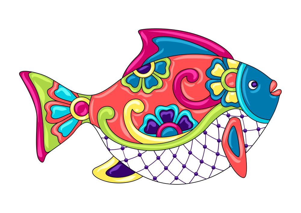 Decorative ornamental fish. Mexican ceramic cute naive art. Ethnic decorative objects. Traditional folk floral ornament.. Decorative ornamental fish. Mexican ceramic cute naive art.