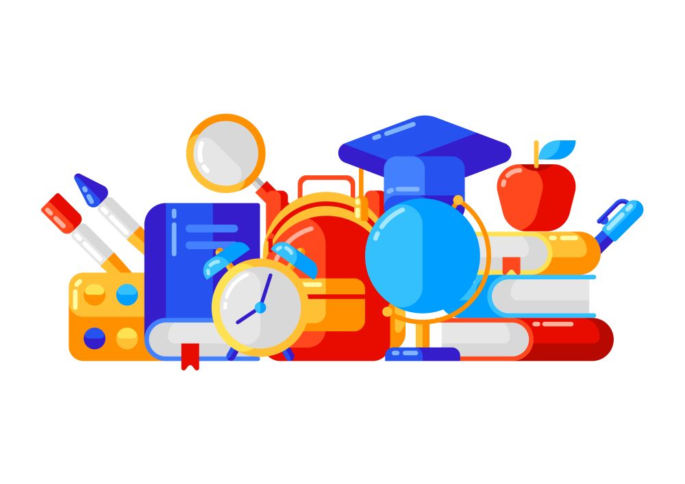 School background with education icons and symbols. Illustration in trendy flat style.. School background with education icons and symbols.