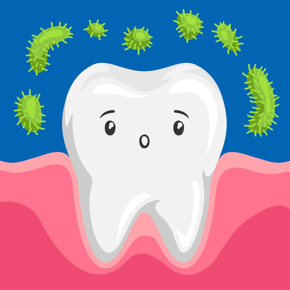 Illustration of tooth with bacteria in mouth. Children dentistry sad character. Kawaii facial expression.. Illustration of tooth with bacteria in mouth.