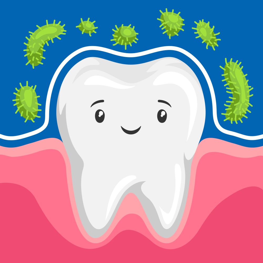 Illustration of tooth is protected from bacteria. Children dentistry sad character. Kawaii facial expression.. Illustration of tooth is protected from bacteria.