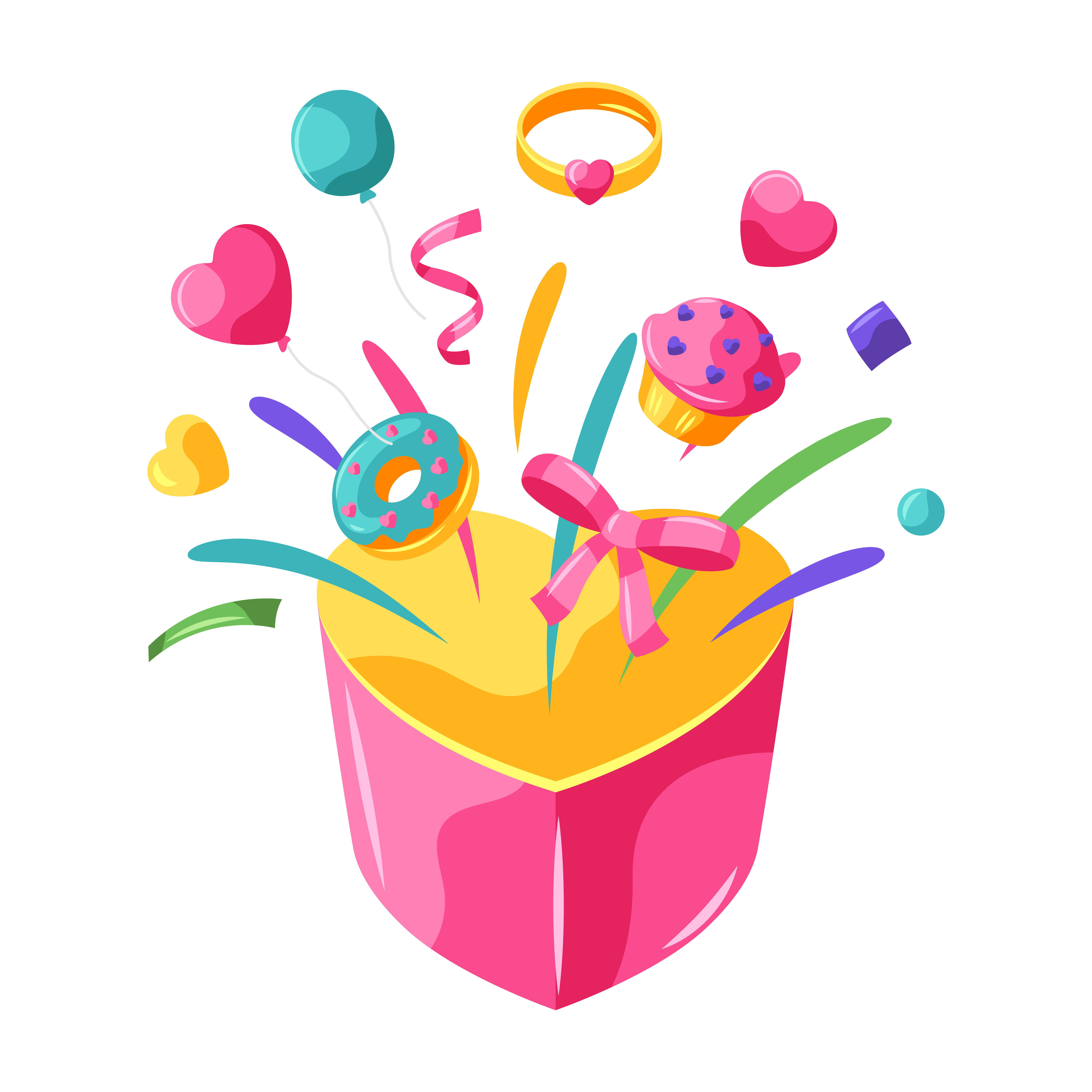 Happy Valentine Day box with splashes. Holiday illustration with romantic items and love symbols.. Happy Valentine Day box with splashes.
