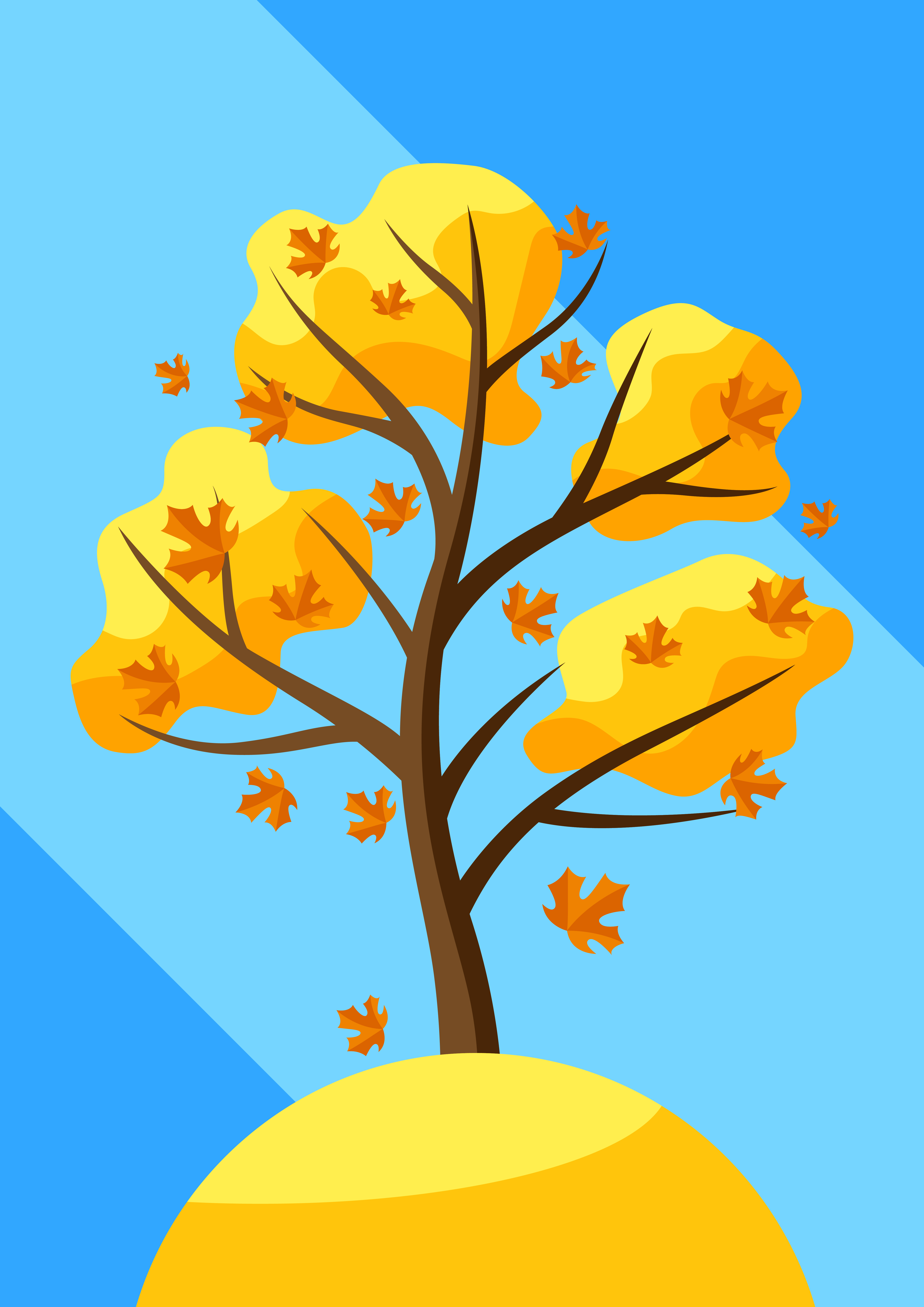 Autumn tree with falling leaves. Natural seasonal decorative illustration.. Autumn tree with falling leaves.