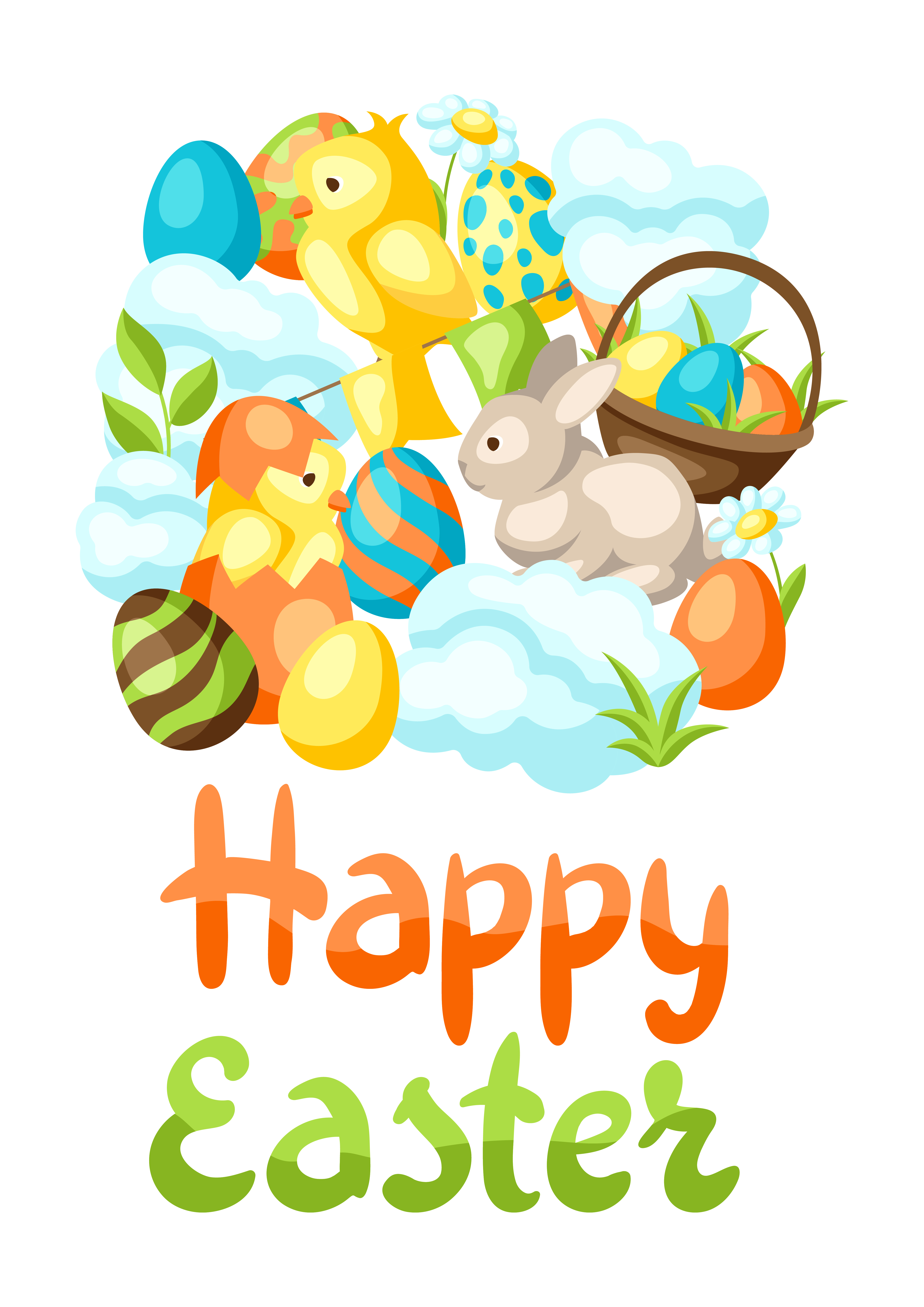Happy Easter greeting card with holiday items. Decorative symbols and objects.. Happy Easter greeting card with holiday items.