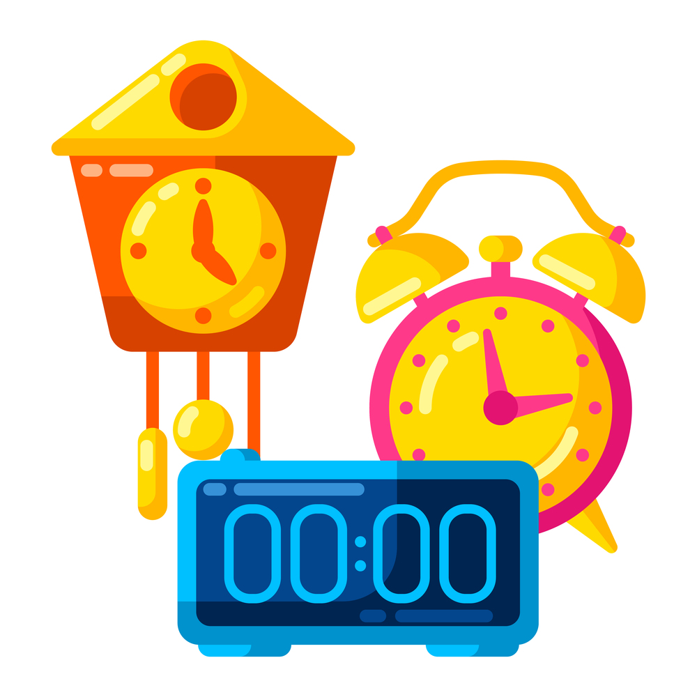 Background with different clocks. Stylized icons and objects for design and applications.. Background with different clocks. Stylized icons for design and applications.