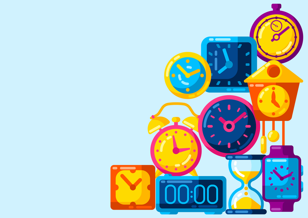 Background with different clocks. Stylized icons and objects for design and applications.. Background with different clocks. Stylized icons for design and applications.