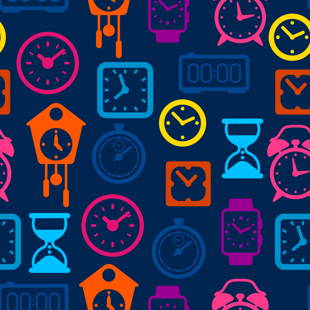 Seamless pattern with different clocks. Stylized icons and objects for design and applications.. Seamless pattern with different clocks. Stylized icons for design and applications.
