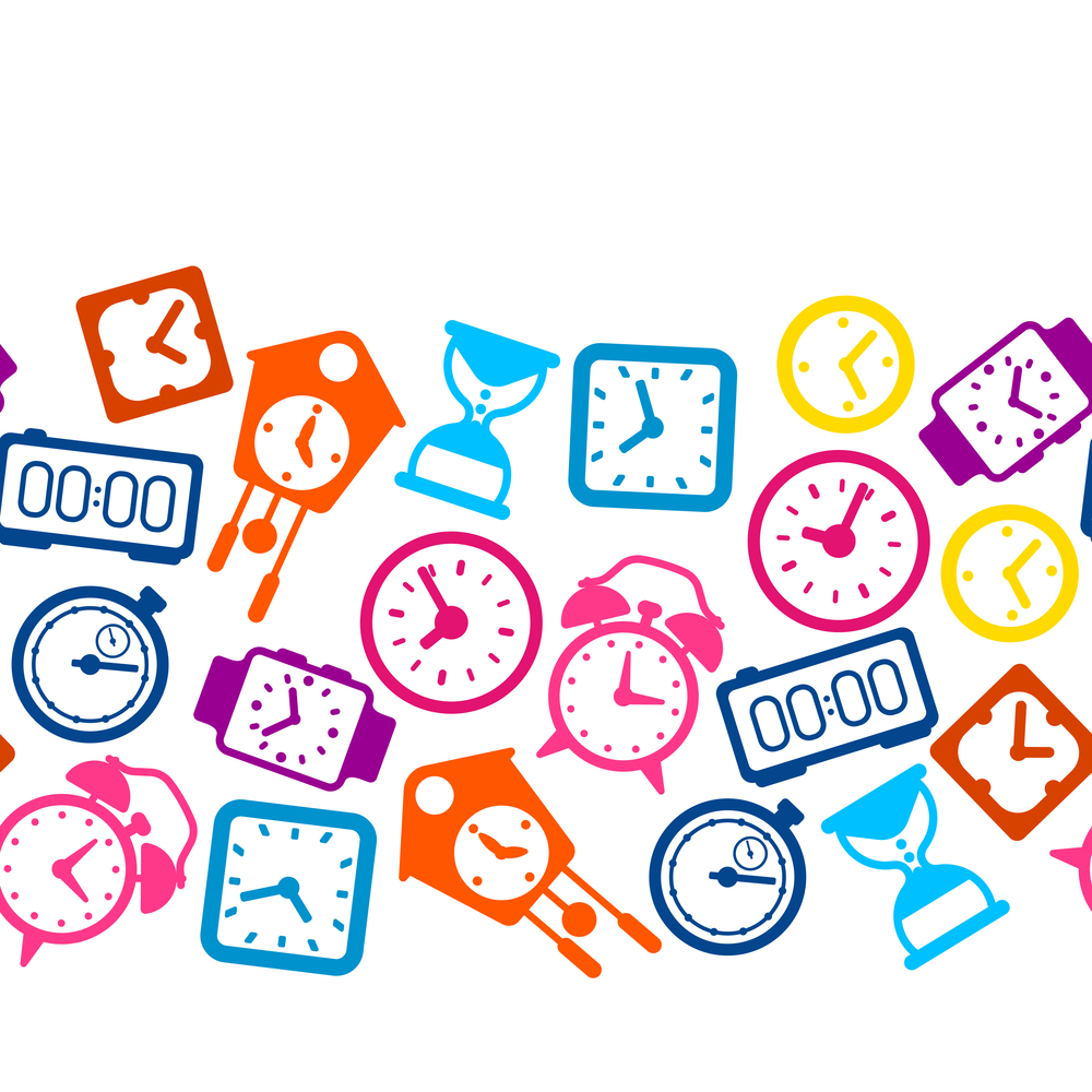 Seamless pattern with different clocks. Stylized icons and objects for design and applications.. Seamless pattern with different clocks. Stylized icons for design and applications.
