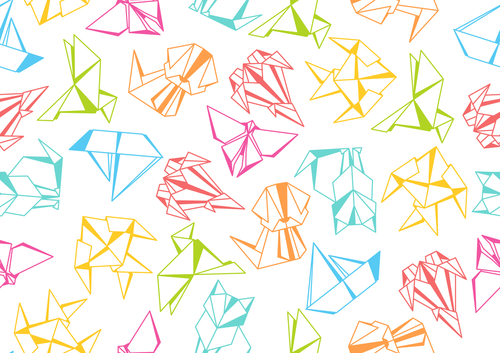 Seamless pattern with origami toys. Folded colored paper objects.. Seamless pattern with origami toys.