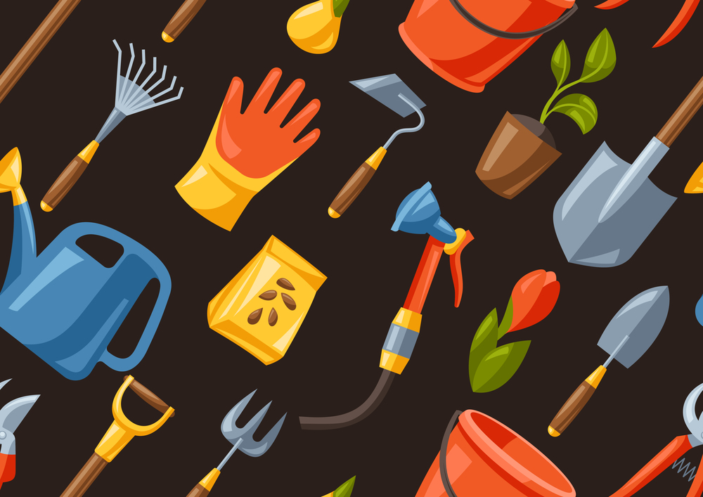 Seamless pattern with garden tools and equipment. Season gardening illustration.. Seamless pattern with garden tools and equipment.