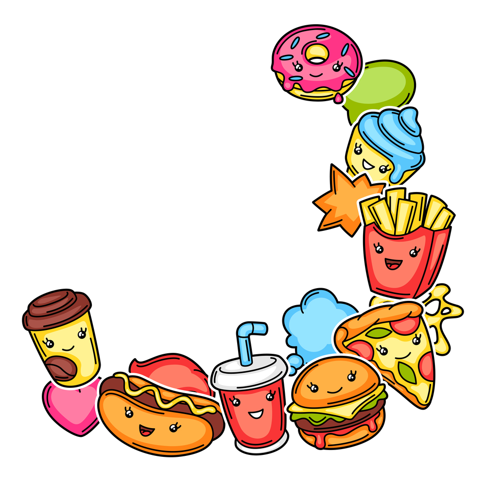 Frame with cute kawaii fast food meal. Tasty funny characters of fastfood.. Frame with cute kawaii fast food meal.
