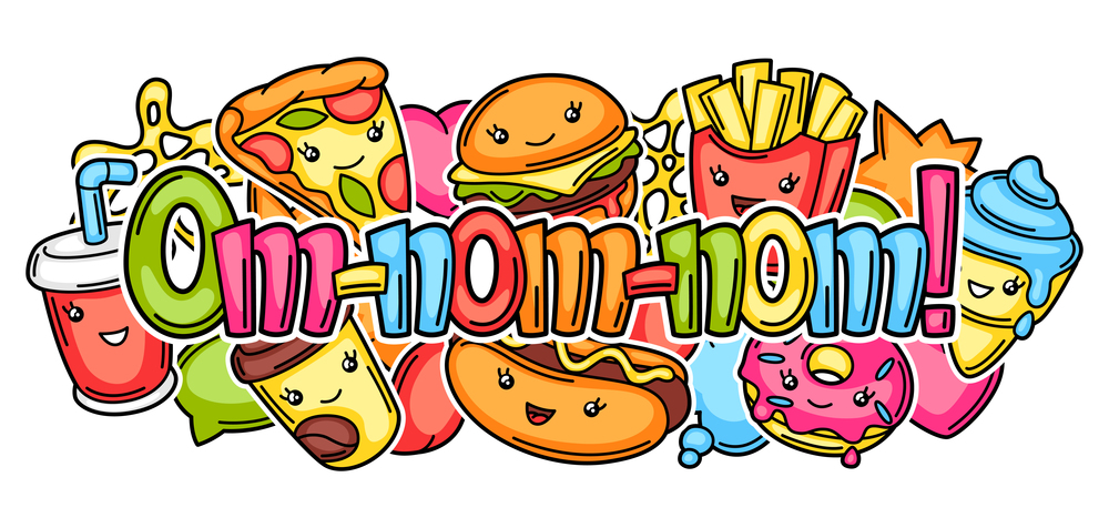 Background with cute kawaii fast food meal. Tasty funny characters of fastfood.. Background with cute kawaii fast food meal.