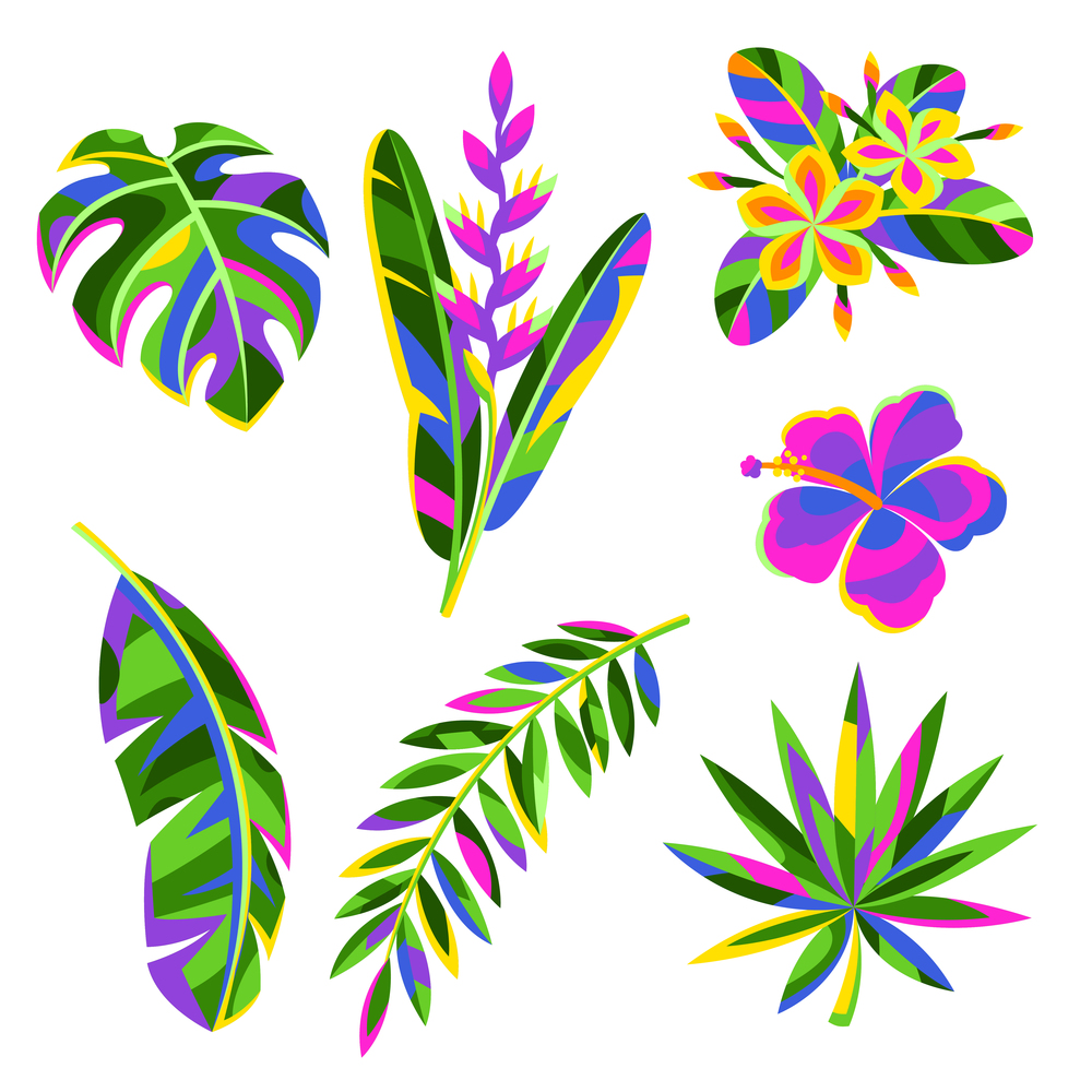 Set of tropical flowers and palm leaves. Summer exotic floral decorative plants.. Set of tropical flowers and palm leaves. Summer exotic decorative plants.
