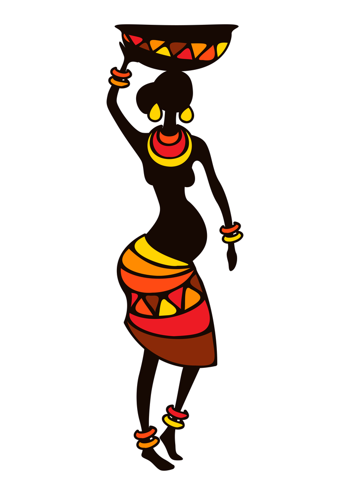 Illustration of stylized African pregnant woman. Girl in tribal national clothes holding jug on head.. Illustration of stylized African pregnant woman.