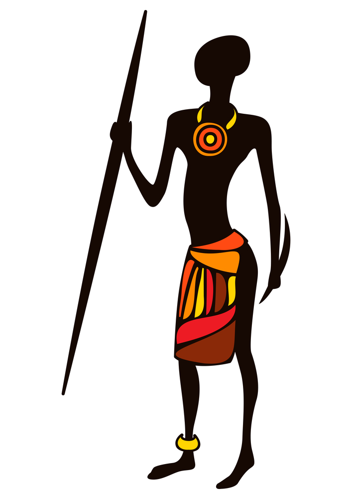 Illustration of stylized African male hunter warrior. Man in tribal national clothes holding spear.. Illustration of stylized African male hunter warrior.