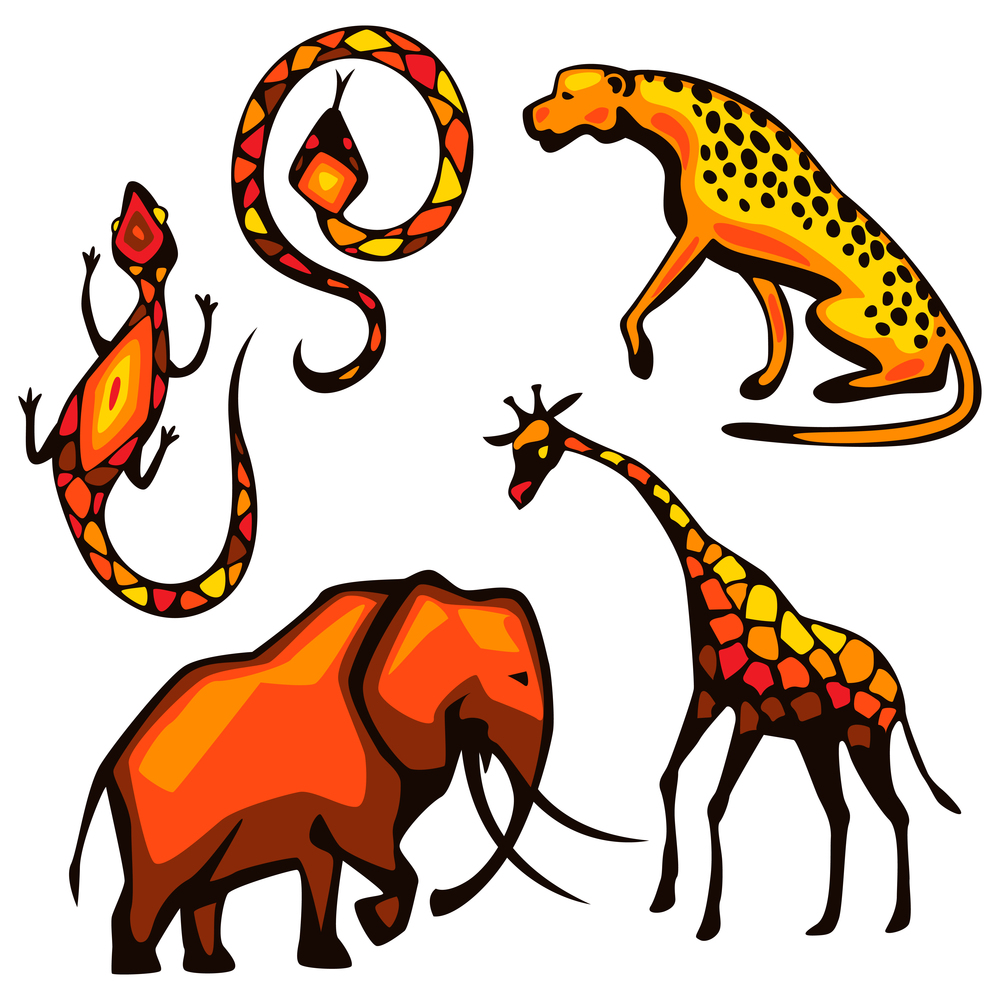 Set of stylized African animals. Illustration of savannah wildlife.. Set of African animals. Illustration of savannah wildlife.