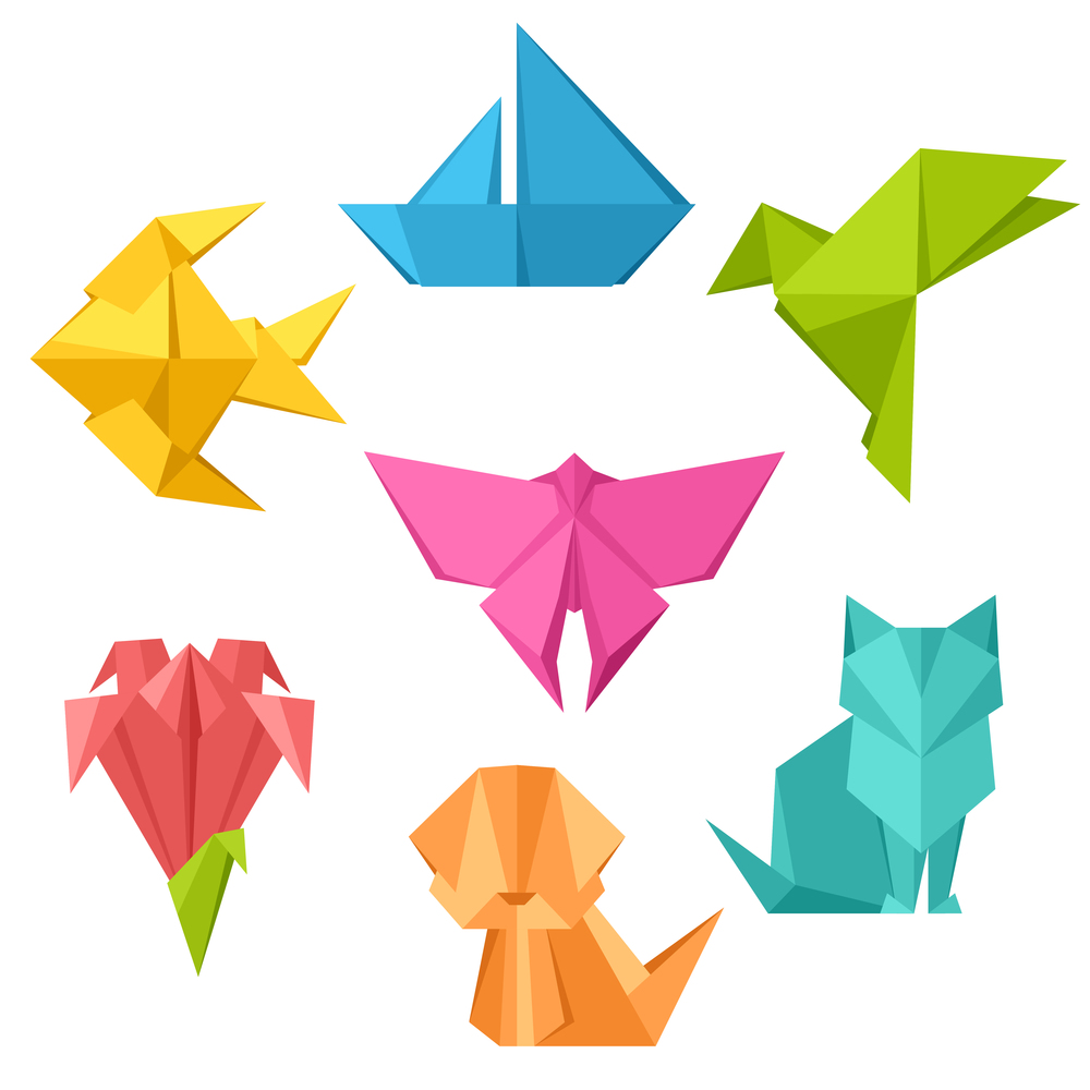 Set of origami toys. Folded colored paper objects.. Set of origami toys. Folded paper objects.