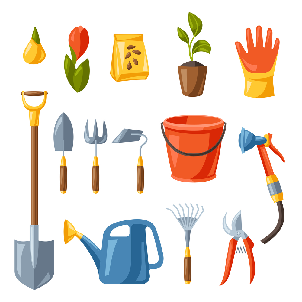 Set of garden tools and equipment. Season gardening illustration.. Set of garden tools and equipment. Gardening illustration.