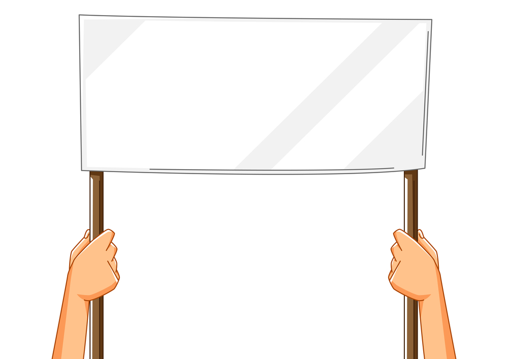 Illustration of hands with banner. Picket sign or protest placard with wooden stick on demonstration or protest. People holding blank demonstration poster.. Illustration of hands with banner. Picket sign or protest placard with wooden stick on demonstration or protest.