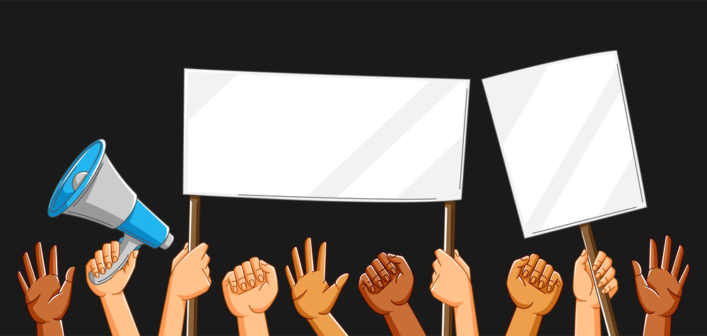 Illustration of hands with banners. Picket signs or protest placards on demonstration or protest. People holding blank demonstration posters. Raised fists and gestures.. Illustration of hands with banners. Picket signs or protest placards on demonstration or protest.